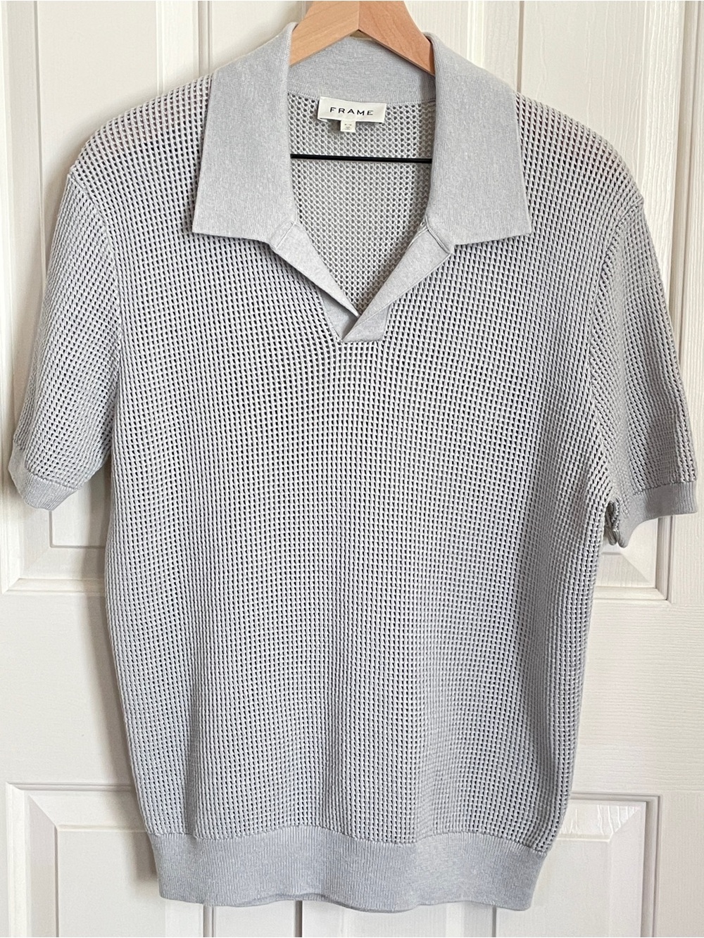 FRAME Denim Men's Sweater Open Weave Mesh Knit Polo Shirt, Grey Blue Sample
